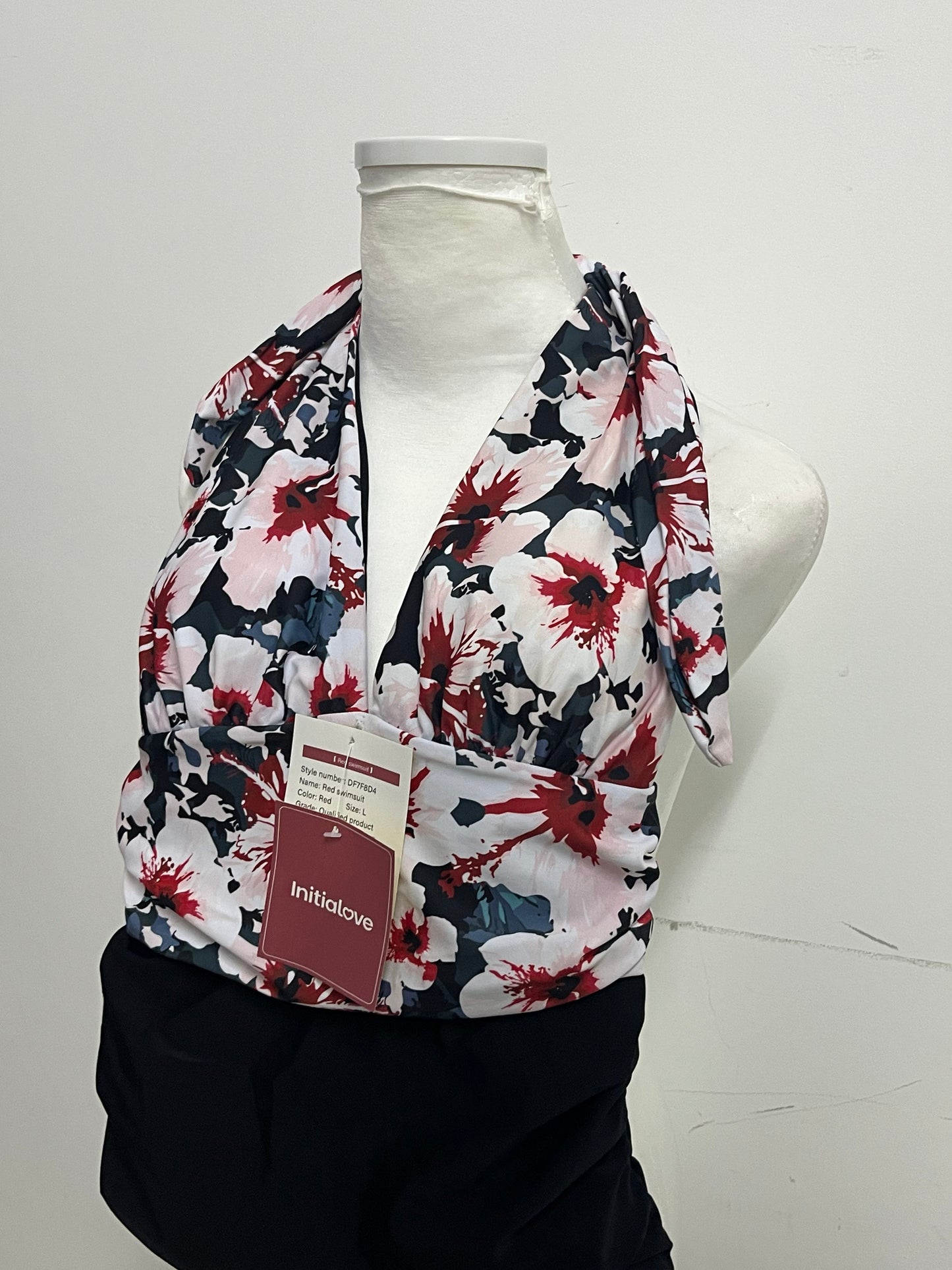[Initialove Swimsuits]——Halter Neck Two-Piece Swimsuit - Ink Floral Print Tummy Control Swimwear