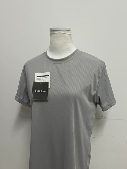 [Initialove Tee-shirts]-Textured Grey Short Sleeve - Loose-Fit Slimming Crew Neck Top