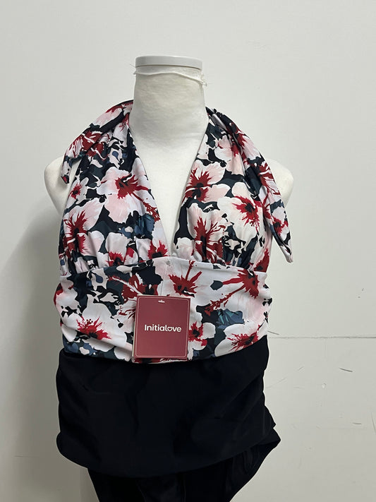 [Initialove Swimsuits]——Halter Neck Two-Piece Swimsuit - Ink Floral Print Tummy Control Swimwear