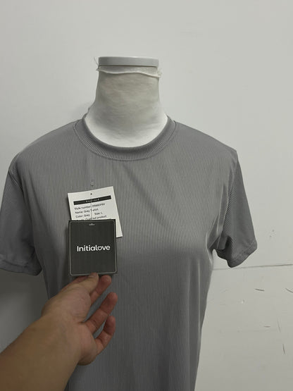 [Initialove Tee-shirts]-Textured Grey Short Sleeve - Loose-Fit Slimming Crew Neck Top