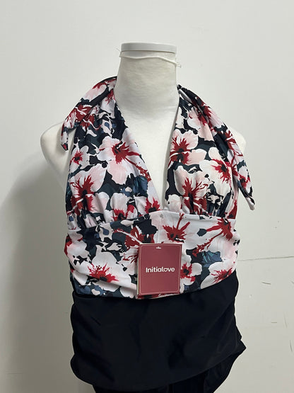 [Initialove Swimsuits]——Halter Neck Two-Piece Swimsuit - Ink Floral Print Tummy Control Swimwear