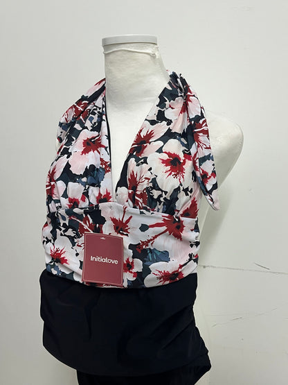 [Initialove Swimsuits]——Halter Neck Two-Piece Swimsuit - Ink Floral Print Tummy Control Swimwear