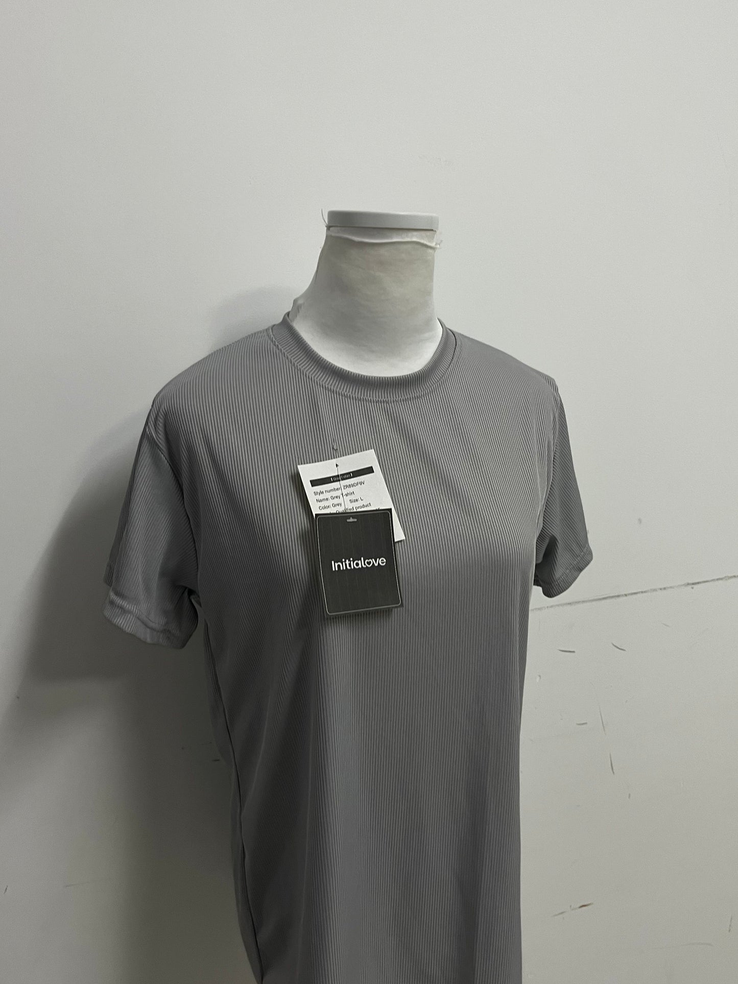 [Initialove Tee-shirts]-Textured Grey Short Sleeve - Loose-Fit Slimming Crew Neck Top