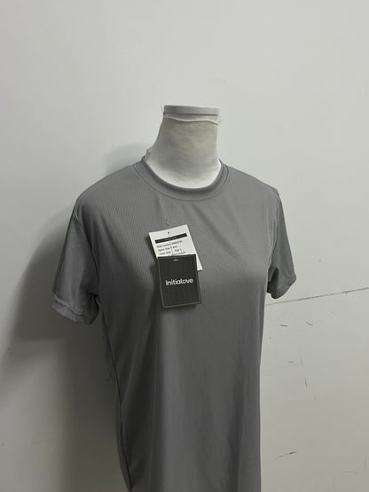 [Initialove Tee-shirts]-Textured Grey Short Sleeve - Loose-Fit Slimming Crew Neck Top
