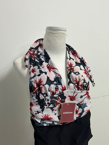 [Initialove Swimsuits]——Halter Neck Two-Piece Swimsuit - Ink Floral Print Tummy Control Swimwear