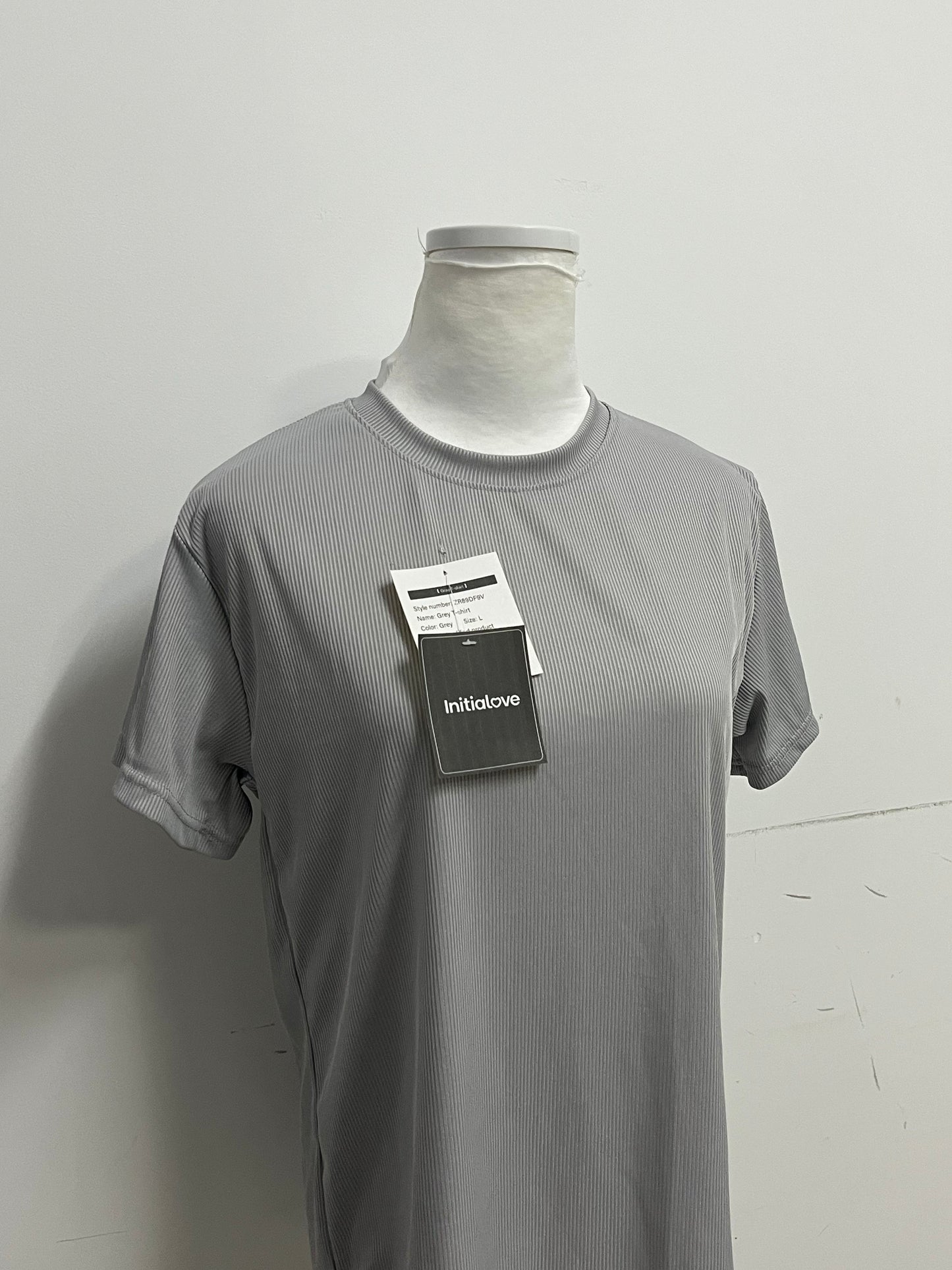 [Initialove Tee-shirts]-Textured Grey Short Sleeve - Loose-Fit Slimming Crew Neck Top