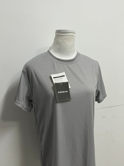 [Initialove Tee-shirts]-Textured Grey Short Sleeve - Loose-Fit Slimming Crew Neck Top