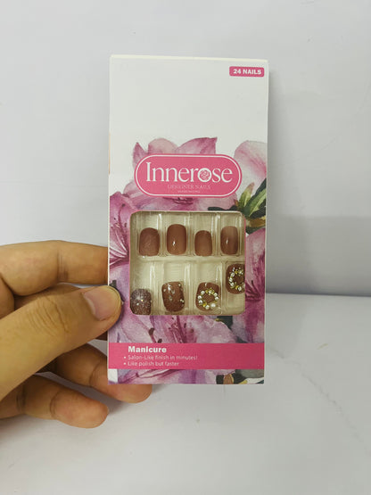 Innerose False nails  Press On Nails Short - Lamp-Curable Sparkly Almond Press On Nails with Glue for Women, Semi-Transparent Soft Gel Glue On Nails in 16 Sizes - 24 Stick On Nails Kit