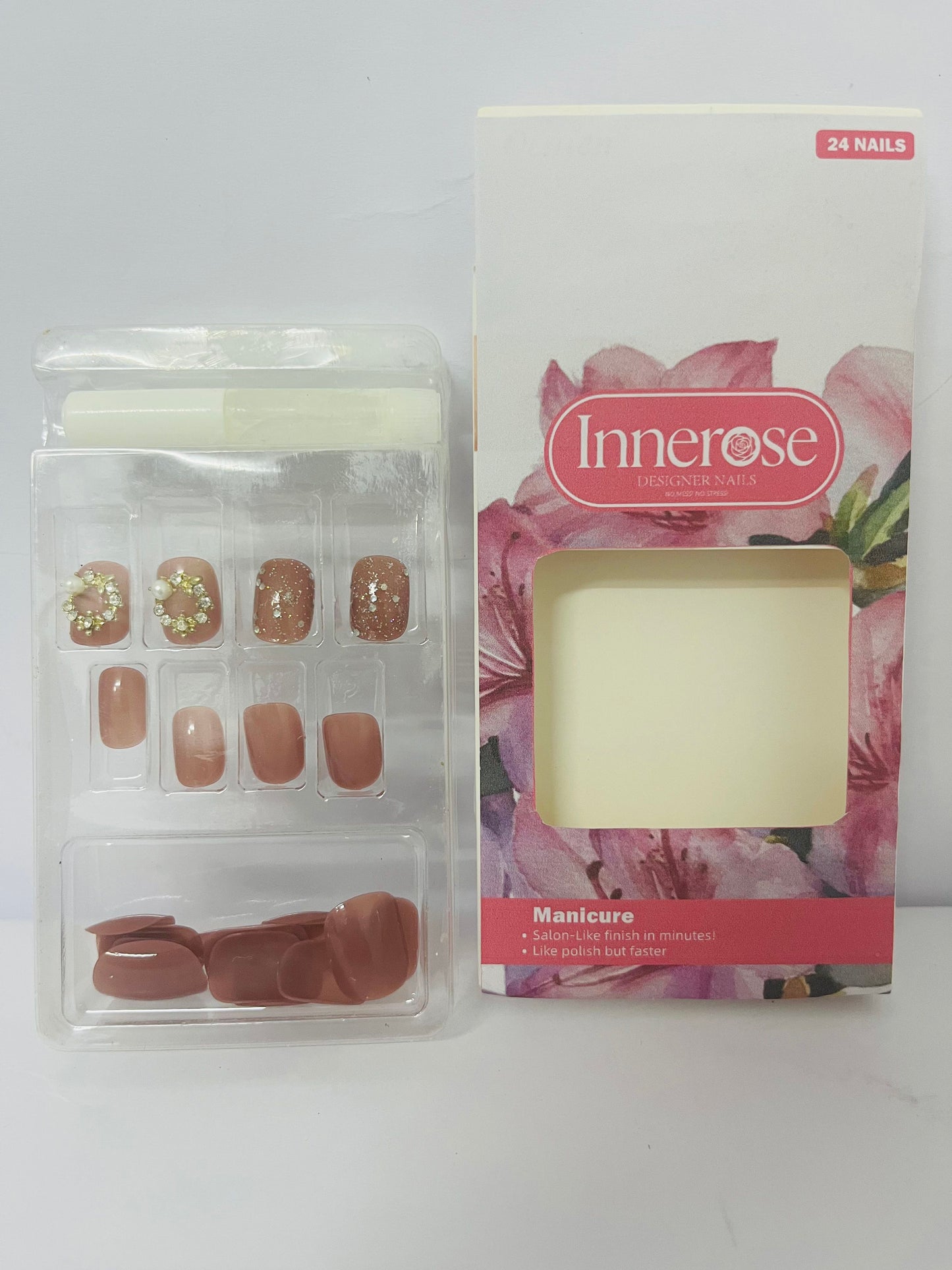 Innerose False nails  Press On Nails Short - Lamp-Curable Sparkly Almond Press On Nails with Glue for Women, Semi-Transparent Soft Gel Glue On Nails in 16 Sizes - 24 Stick On Nails Kit