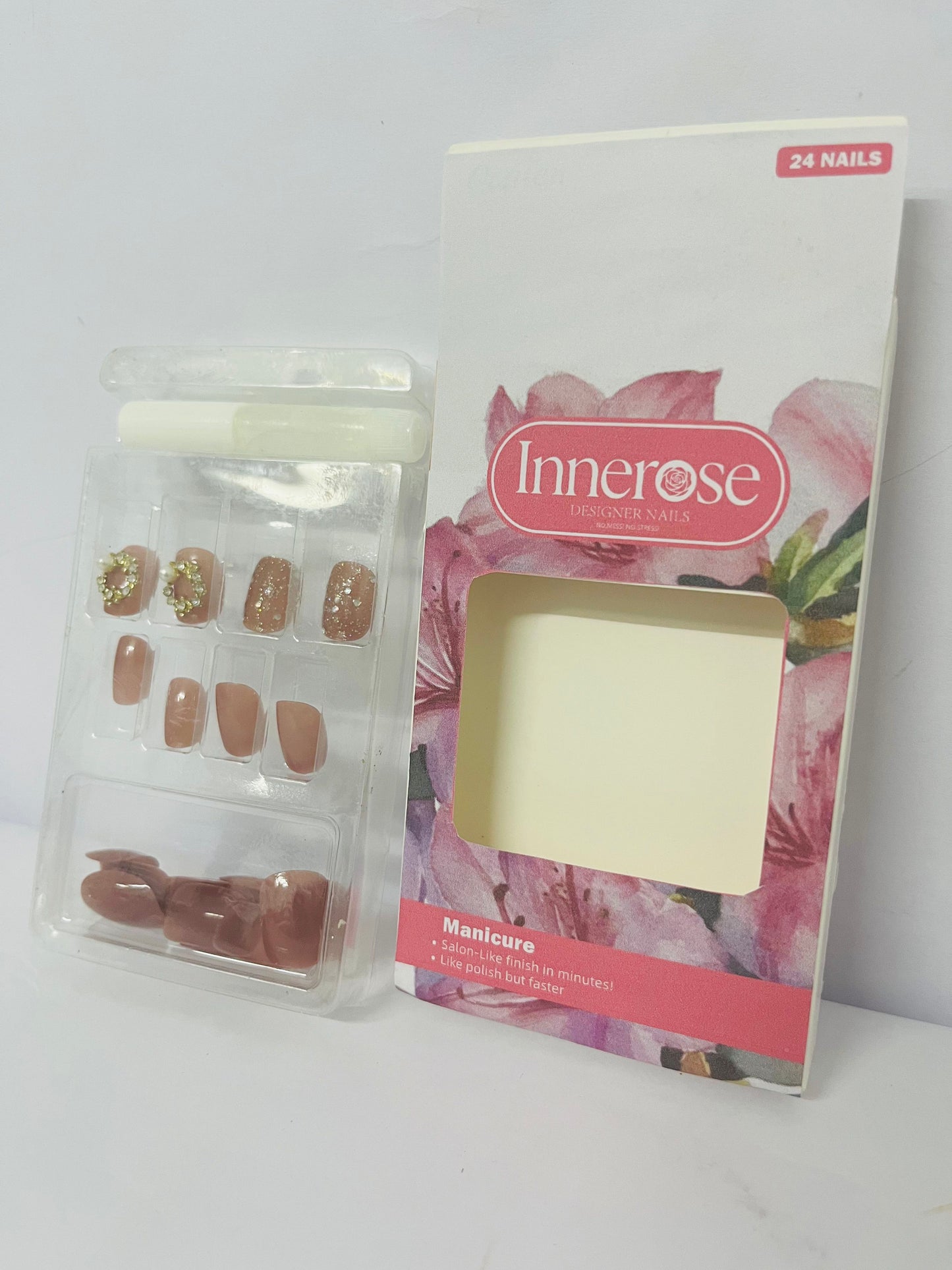 Innerose False nails  Press On Nails Short - Lamp-Curable Sparkly Almond Press On Nails with Glue for Women, Semi-Transparent Soft Gel Glue On Nails in 16 Sizes - 24 Stick On Nails Kit