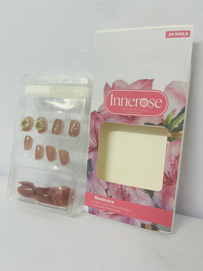 Innerose False nails  Press On Nails Short - Lamp-Curable Sparkly Almond Press On Nails with Glue for Women, Semi-Transparent Soft Gel Glue On Nails in 16 Sizes - 24 Stick On Nails Kit