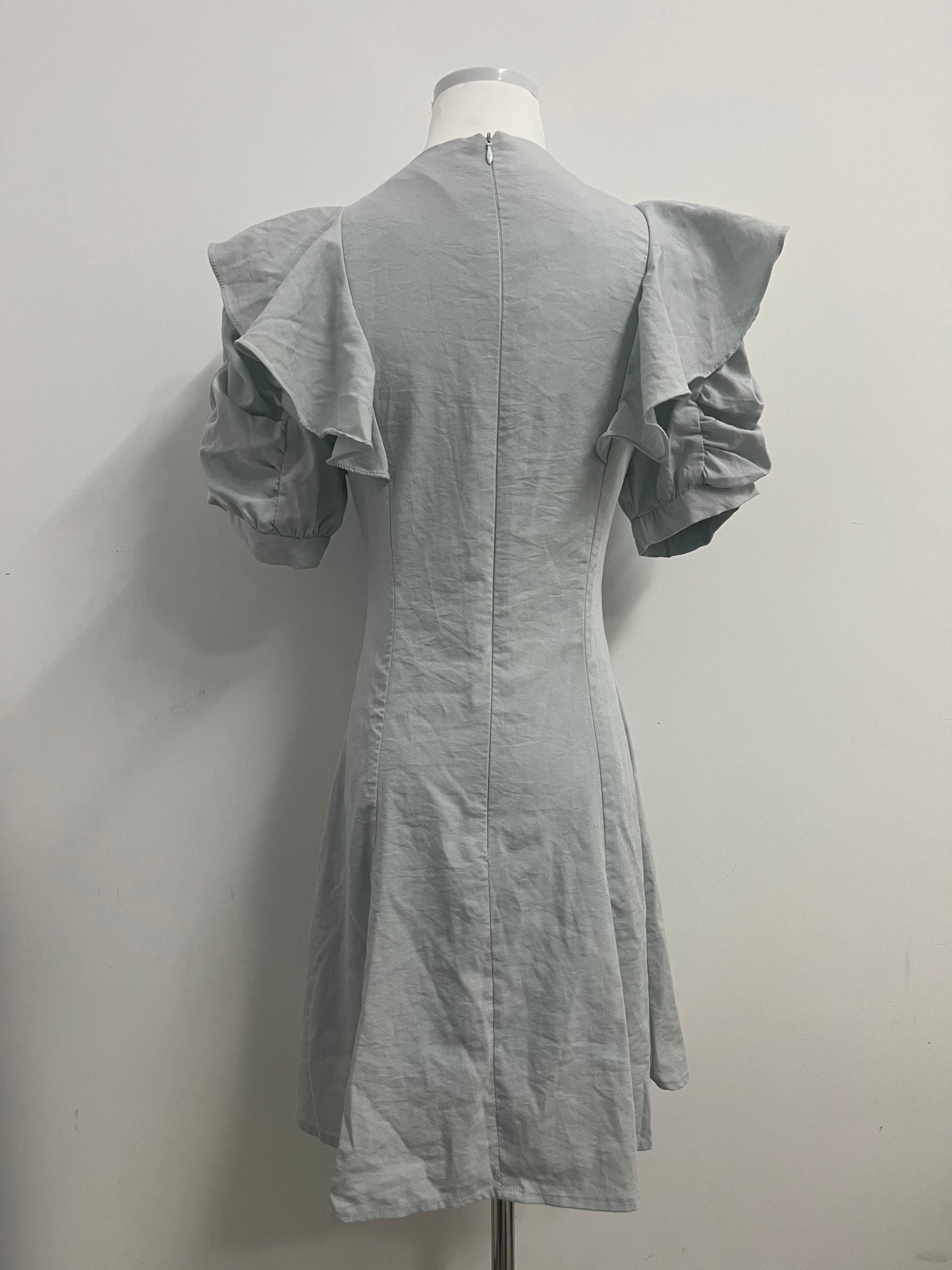 Inthat Women's Light Grey Ruffled V - Neck Dress