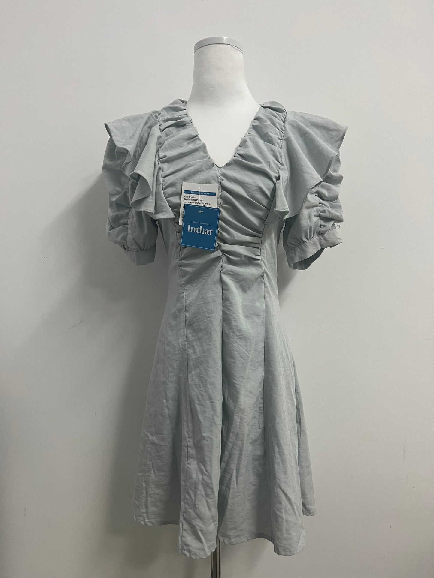 Inthat Women's Light Grey Ruffled V - Neck Dress