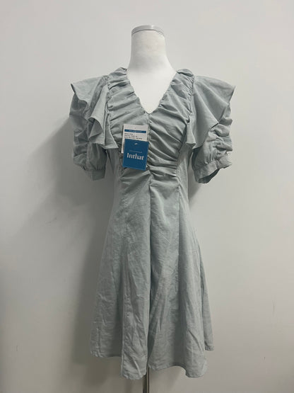 Inthat Women's Light Grey Ruffled V - Neck Dress