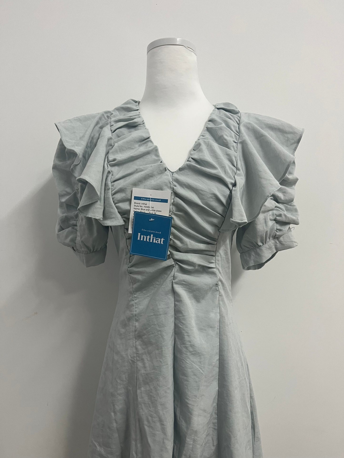 Inthat Women's Light Grey Ruffled V - Neck Dress