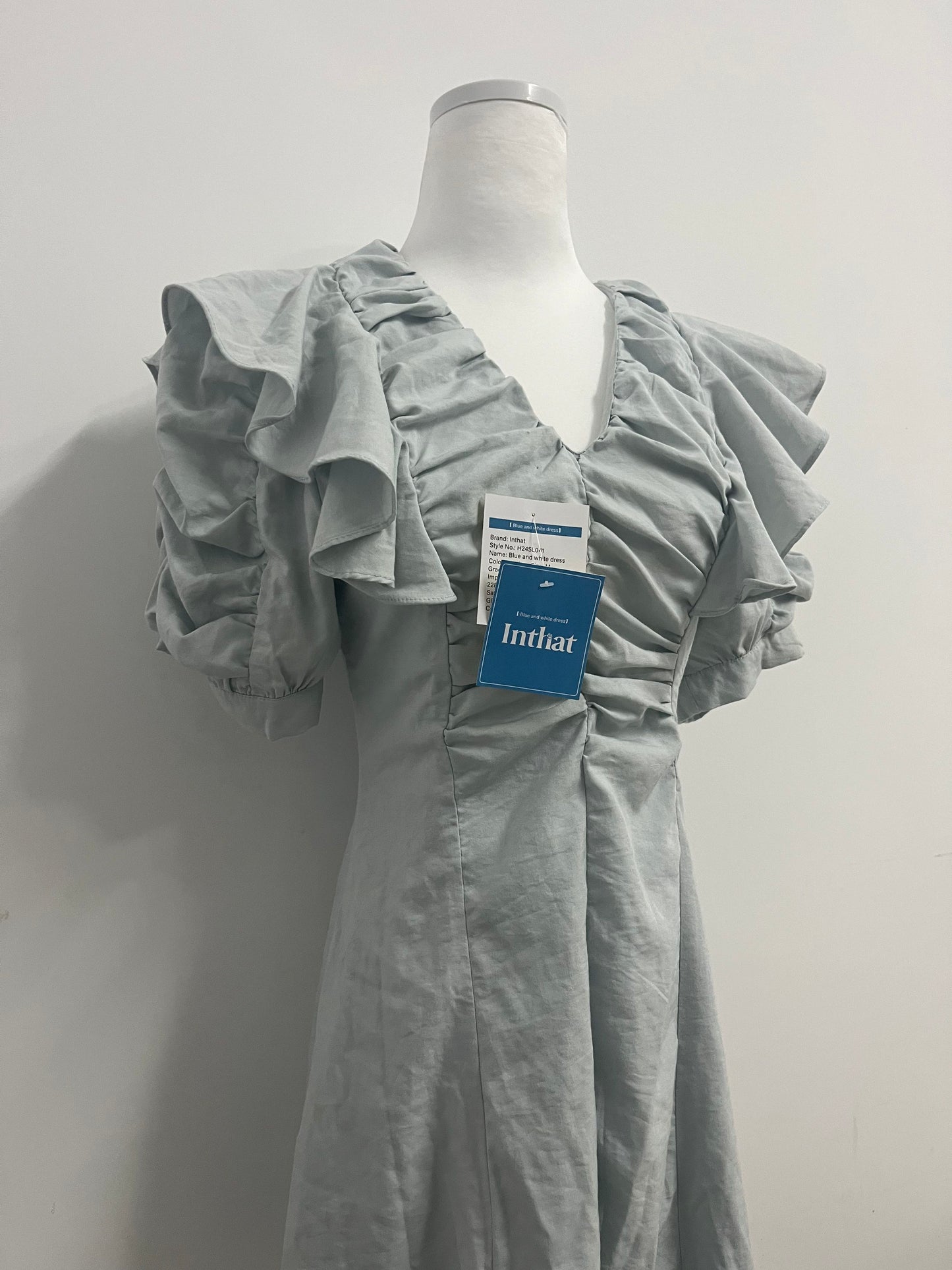Inthat Women's Light Grey Ruffled V - Neck Dress
