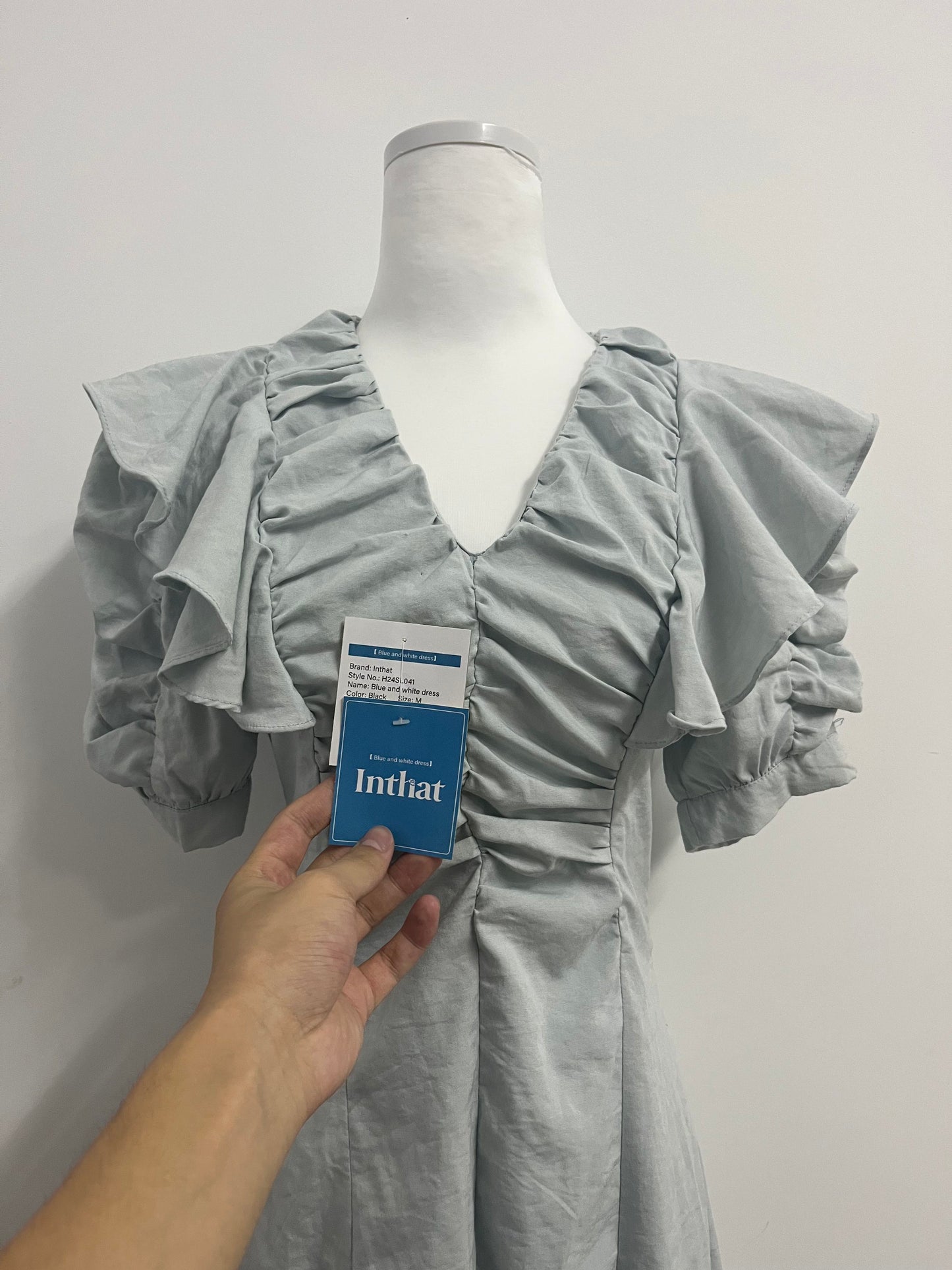 Inthat Women's Light Grey Ruffled V - Neck Dress