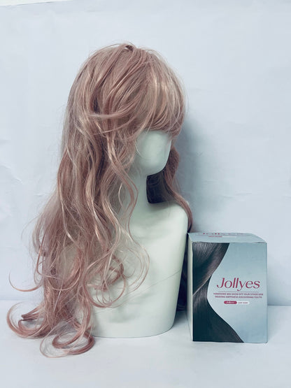 Jollyes Women Girls long Curly Synthetic Wig with Bangs Lovely Pink
