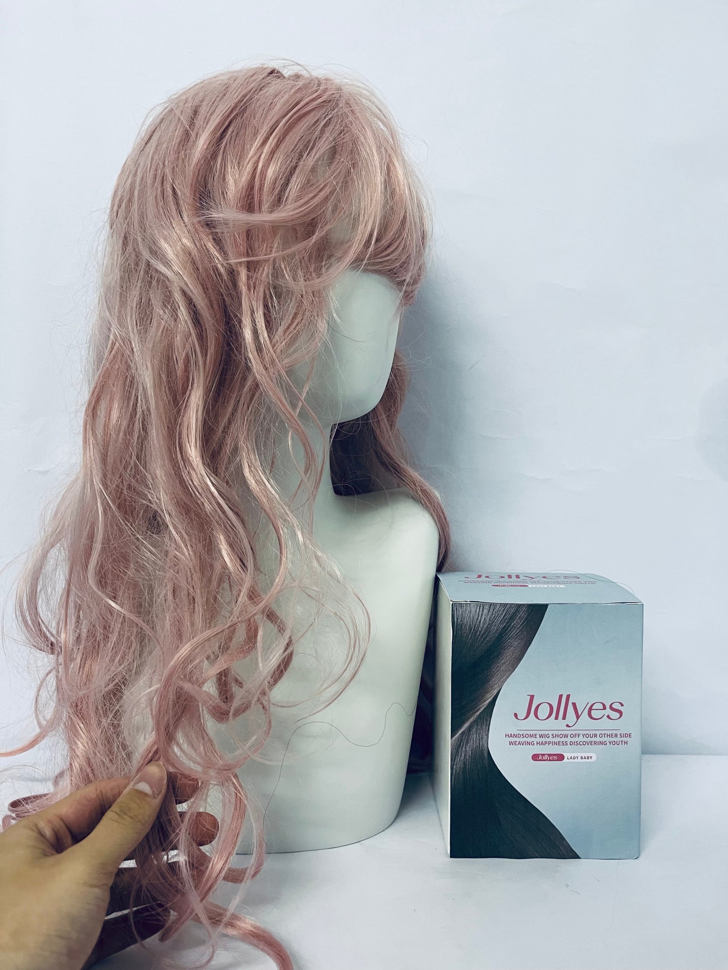 Jollyes Women Girls long Curly Synthetic Wig with Bangs Lovely Pink