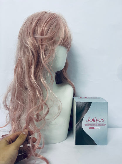 Jollyes Women Girls long Curly Synthetic Wig with Bangs Lovely Pink