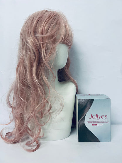 Jollyes Women Girls long Curly Synthetic Wig with Bangs Lovely Pink