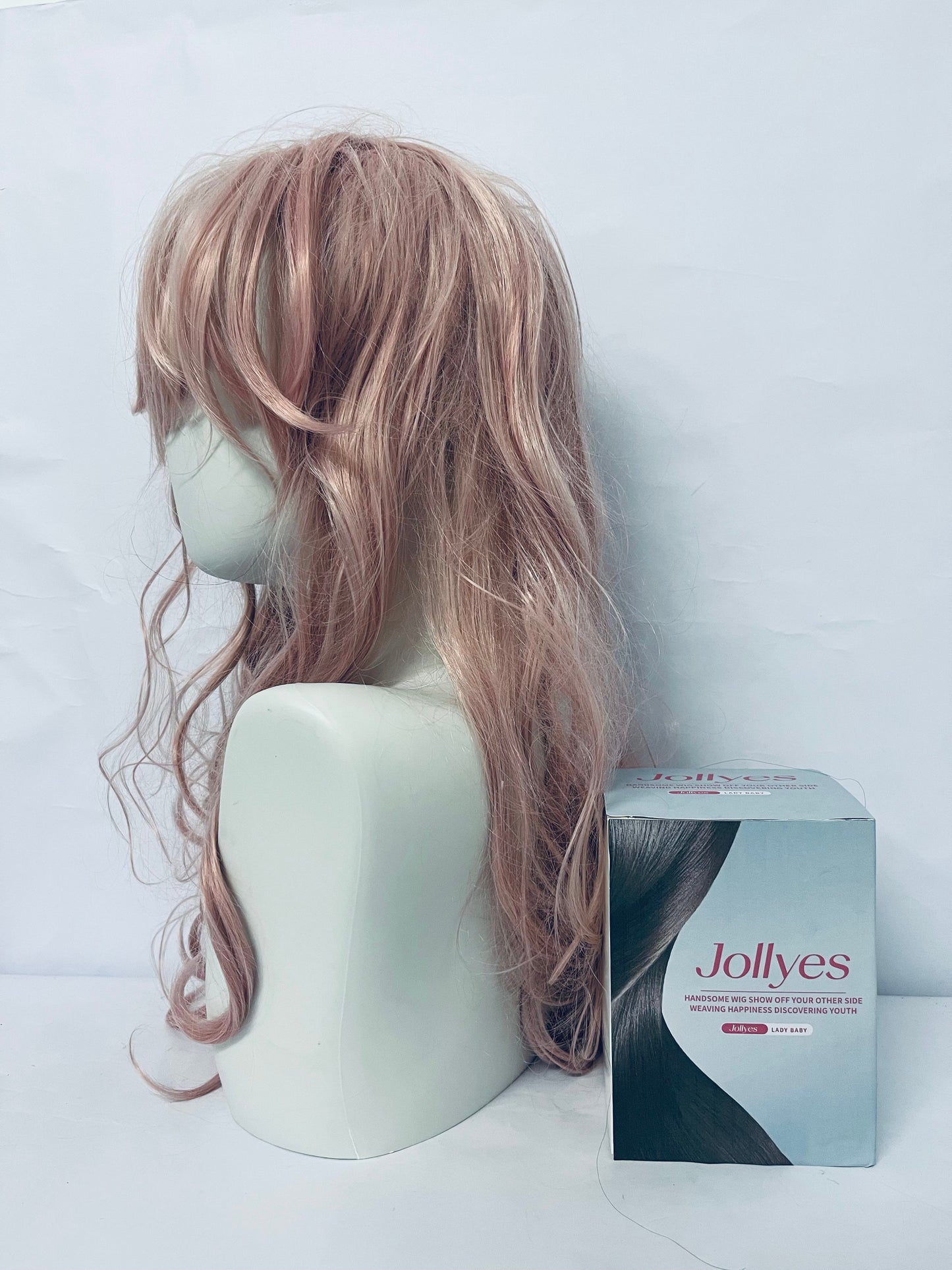 Jollyes Women Girls long Curly Synthetic Wig with Bangs Lovely Pink