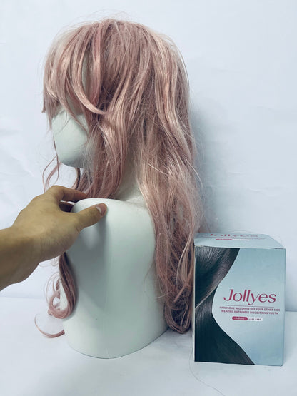 Jollyes Women Girls long Curly Synthetic Wig with Bangs Lovely Pink