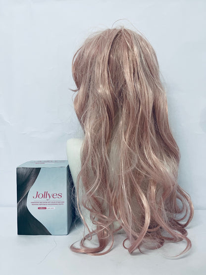 Jollyes Women Girls long Curly Synthetic Wig with Bangs Lovely Pink
