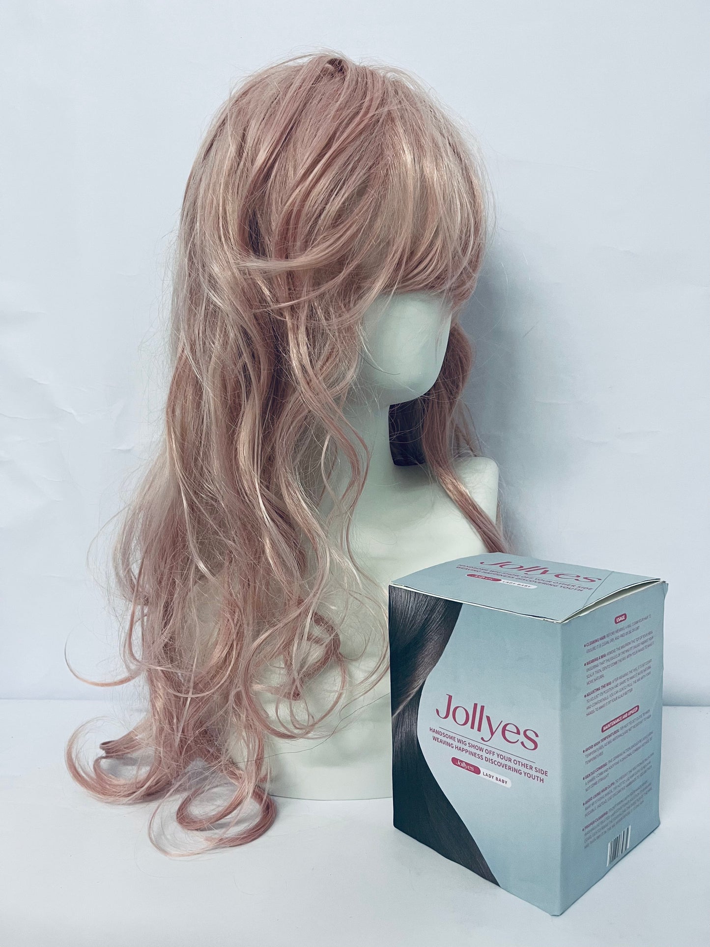 Jollyes Women Girls long Curly Synthetic Wig with Bangs Lovely Pink