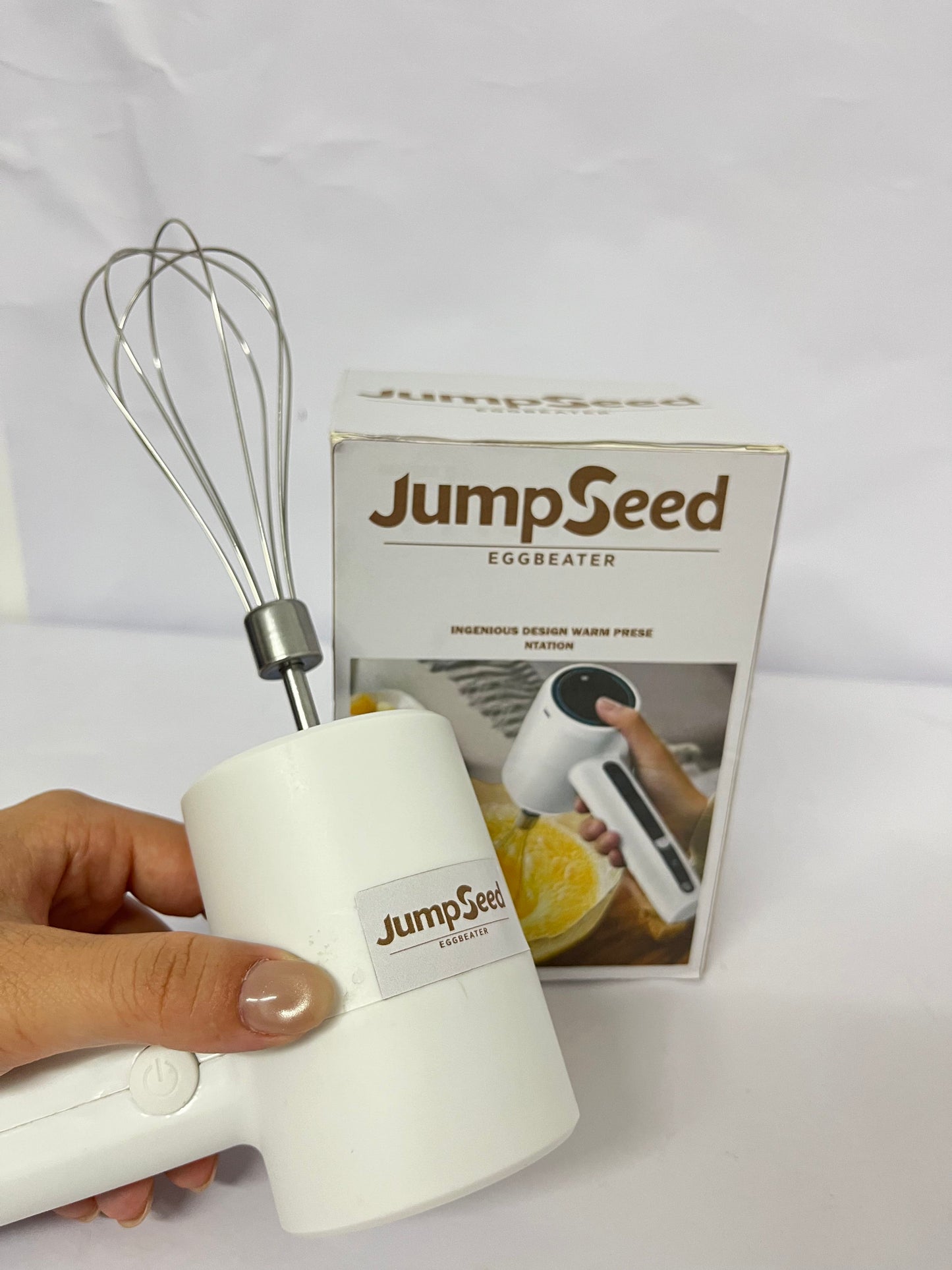JumpSeed Cordless Hand Mixer, Handheld Electric Whisk with 3 Speed Modes, Hand Held Egg Beater with 2 Detachable Stir Whisks