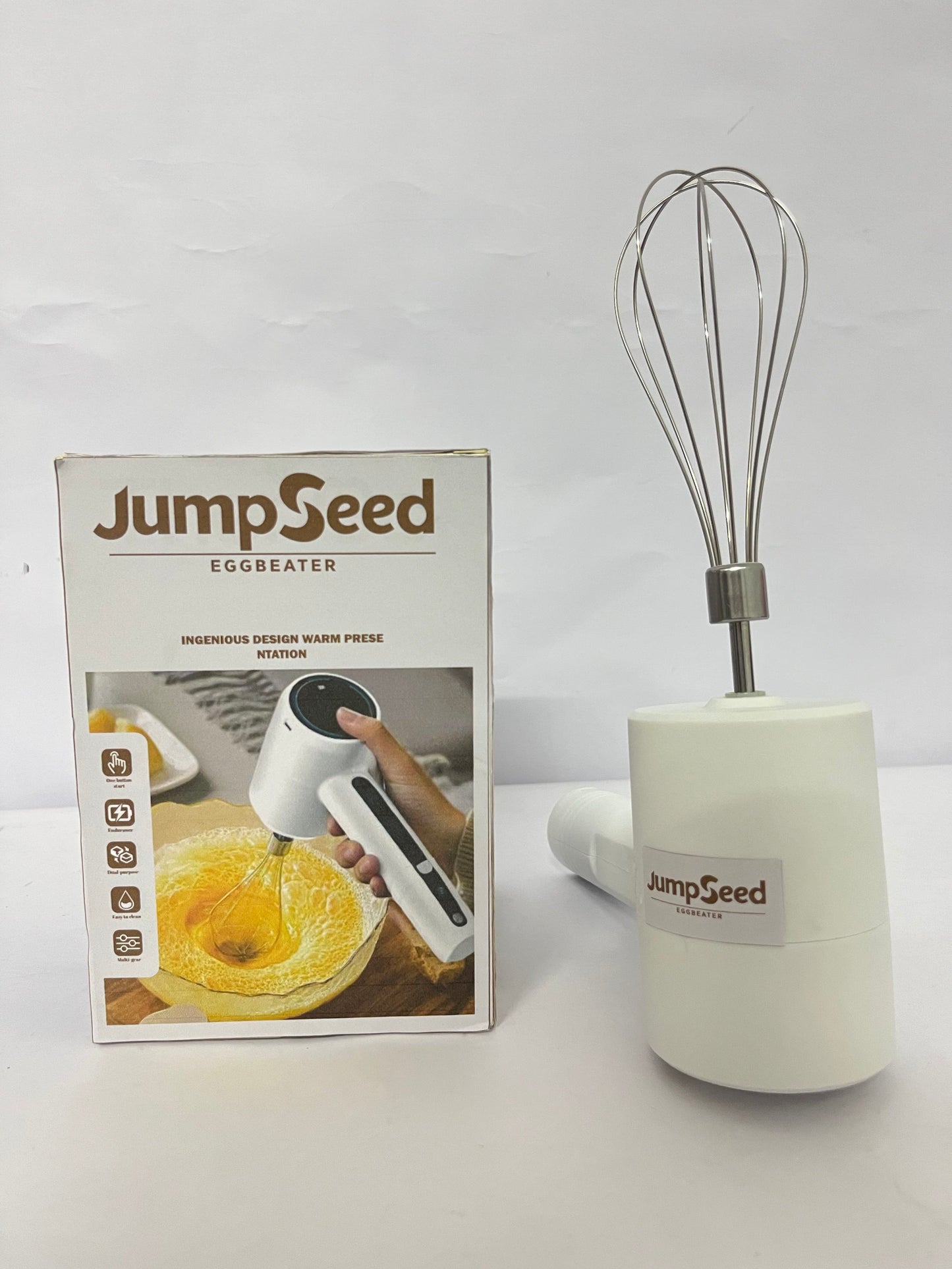 JumpSeed Cordless Hand Mixer, Handheld Electric Whisk with 3 Speed Modes, Hand Held Egg Beater with 2 Detachable Stir Whisks