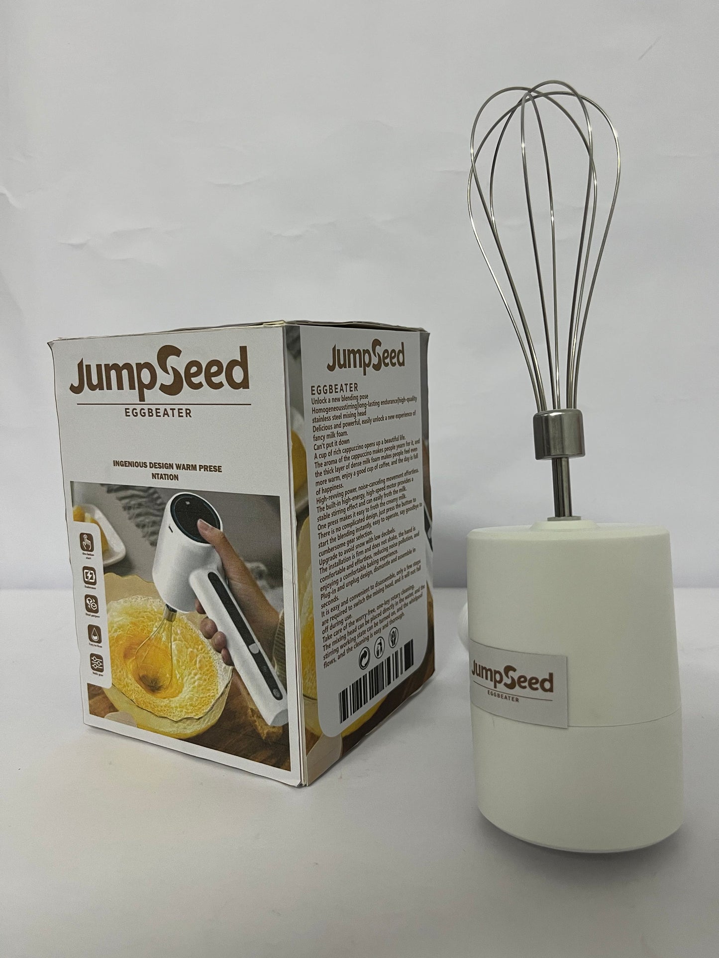 JumpSeed Cordless Hand Mixer, Handheld Electric Whisk with 3 Speed Modes, Hand Held Egg Beater with 2 Detachable Stir Whisks