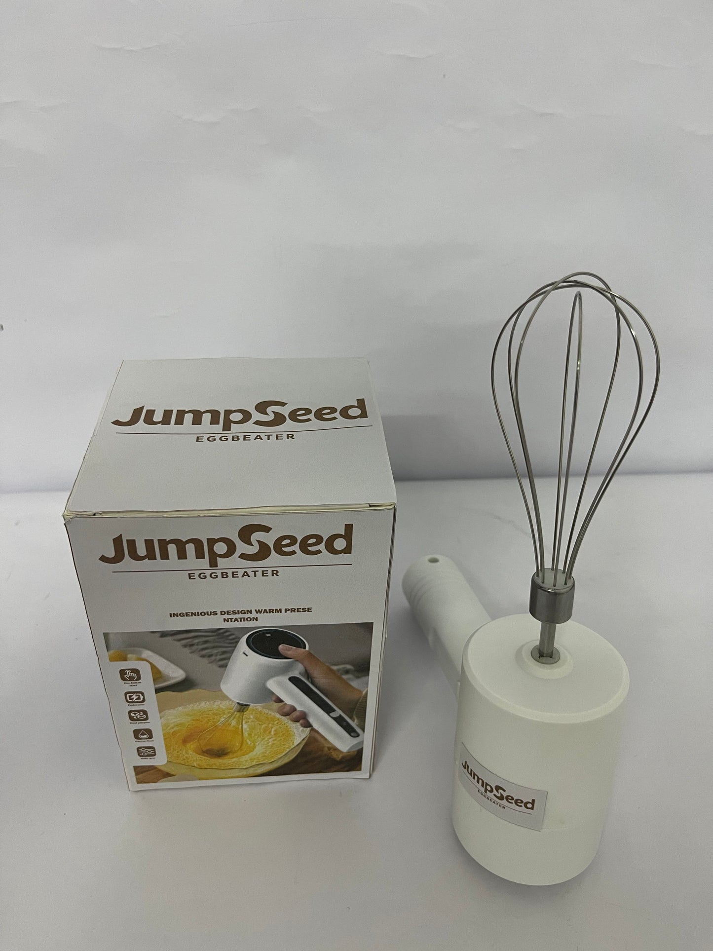 JumpSeed Cordless Hand Mixer, Handheld Electric Whisk with 3 Speed Modes, Hand Held Egg Beater with 2 Detachable Stir Whisks