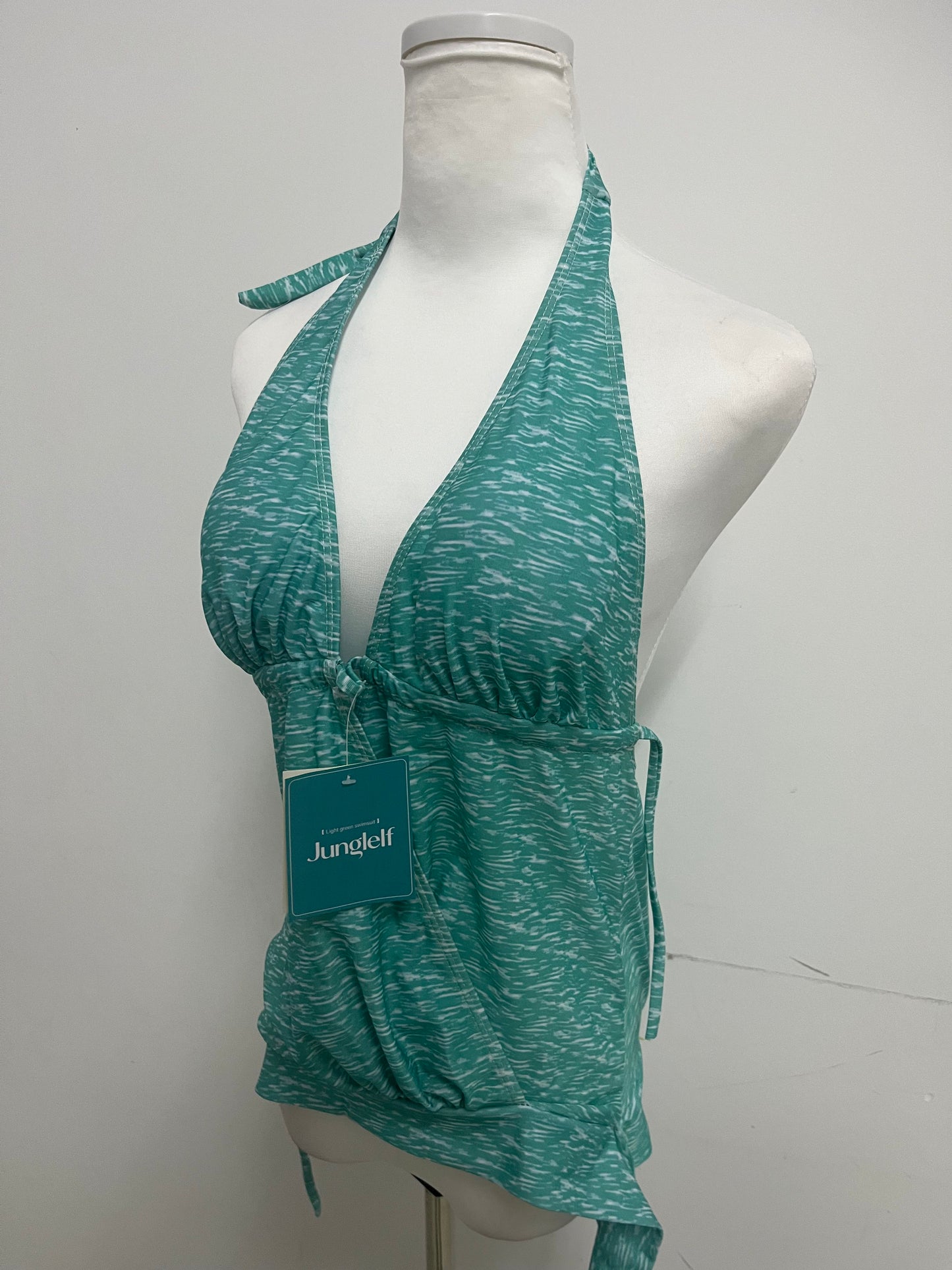 Junglelf Light Green Textured Halter Deep V 100% Cotton Swimsuit for Women, Sexy Open Back with Ties Fashion Swimwear