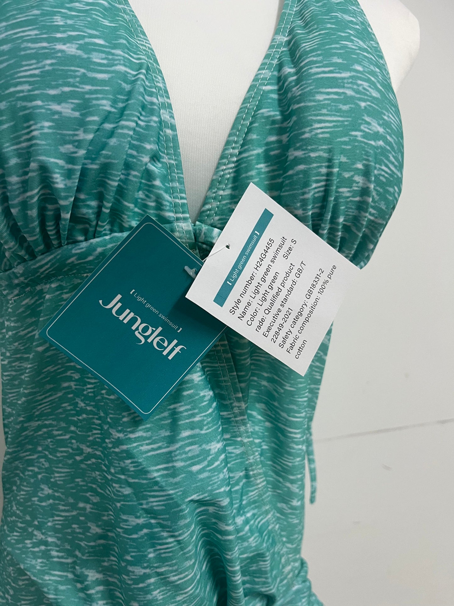 Junglelf Light Green Textured Halter Deep V 100% Cotton Swimsuit for Women, Sexy Open Back with Ties Fashion Swimwear