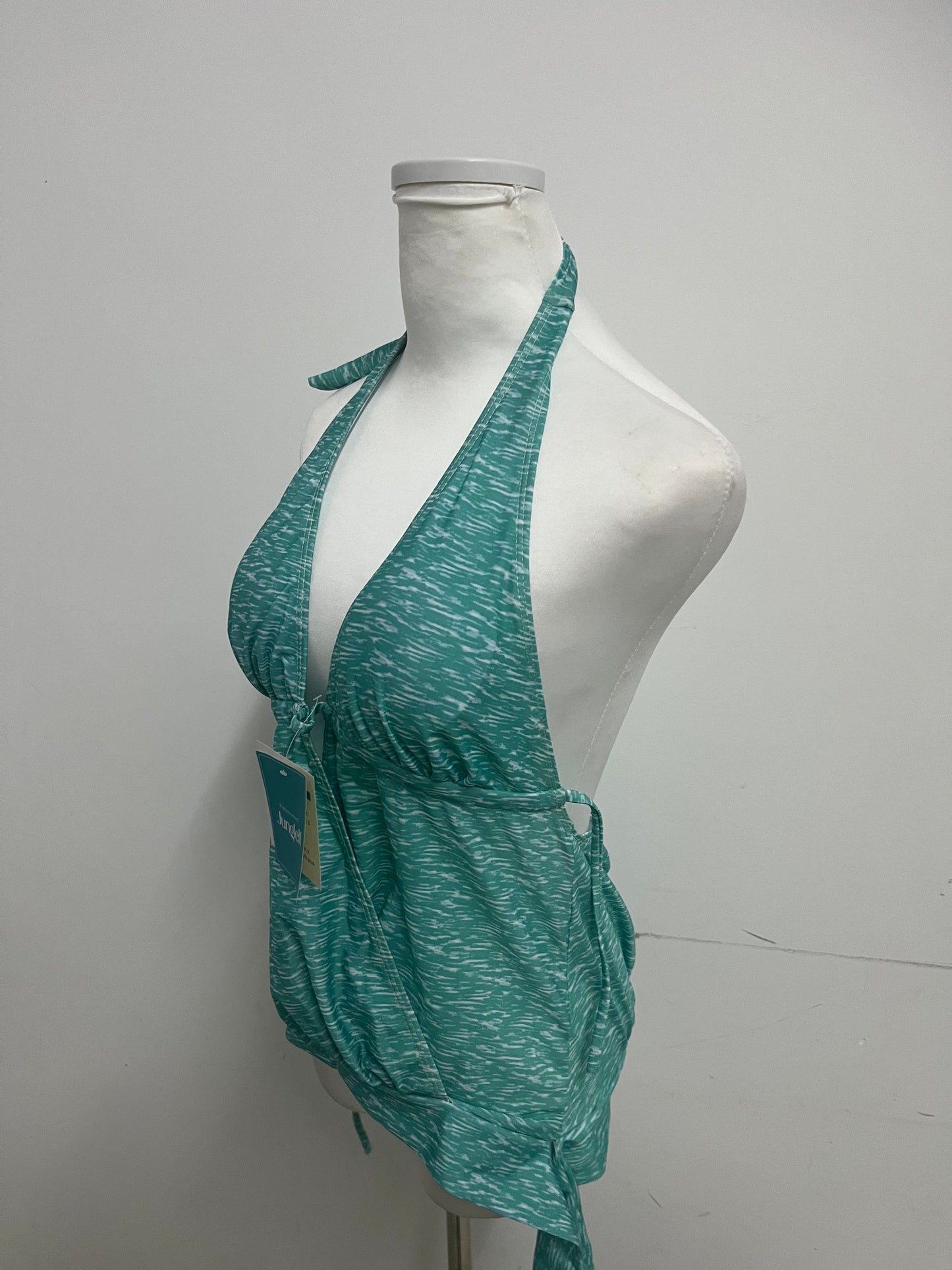 Junglelf Light Green Textured Halter Deep V 100% Cotton Swimsuit for Women, Sexy Open Back with Ties Fashion Swimwear