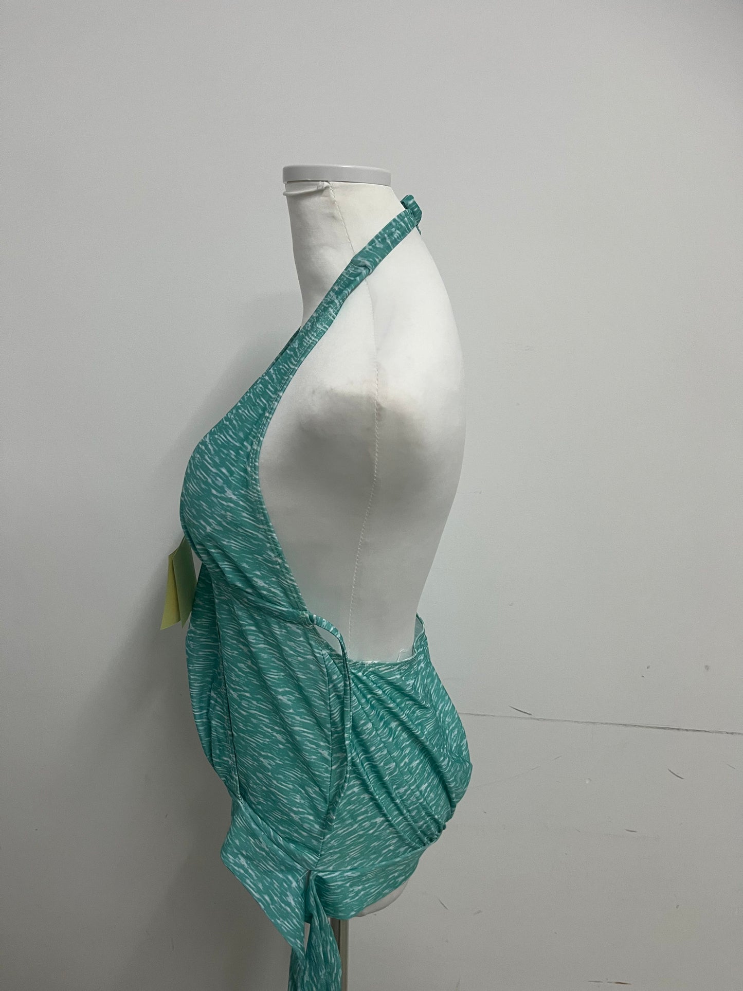 Junglelf Light Green Textured Halter Deep V 100% Cotton Swimsuit for Women, Sexy Open Back with Ties Fashion Swimwear