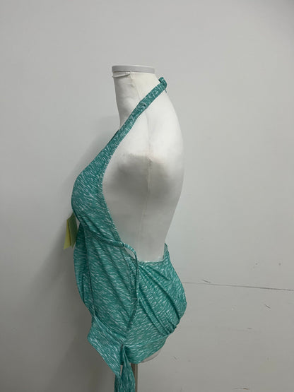 Junglelf Light Green Textured Halter Deep V 100% Cotton Swimsuit for Women, Sexy Open Back with Ties Fashion Swimwear