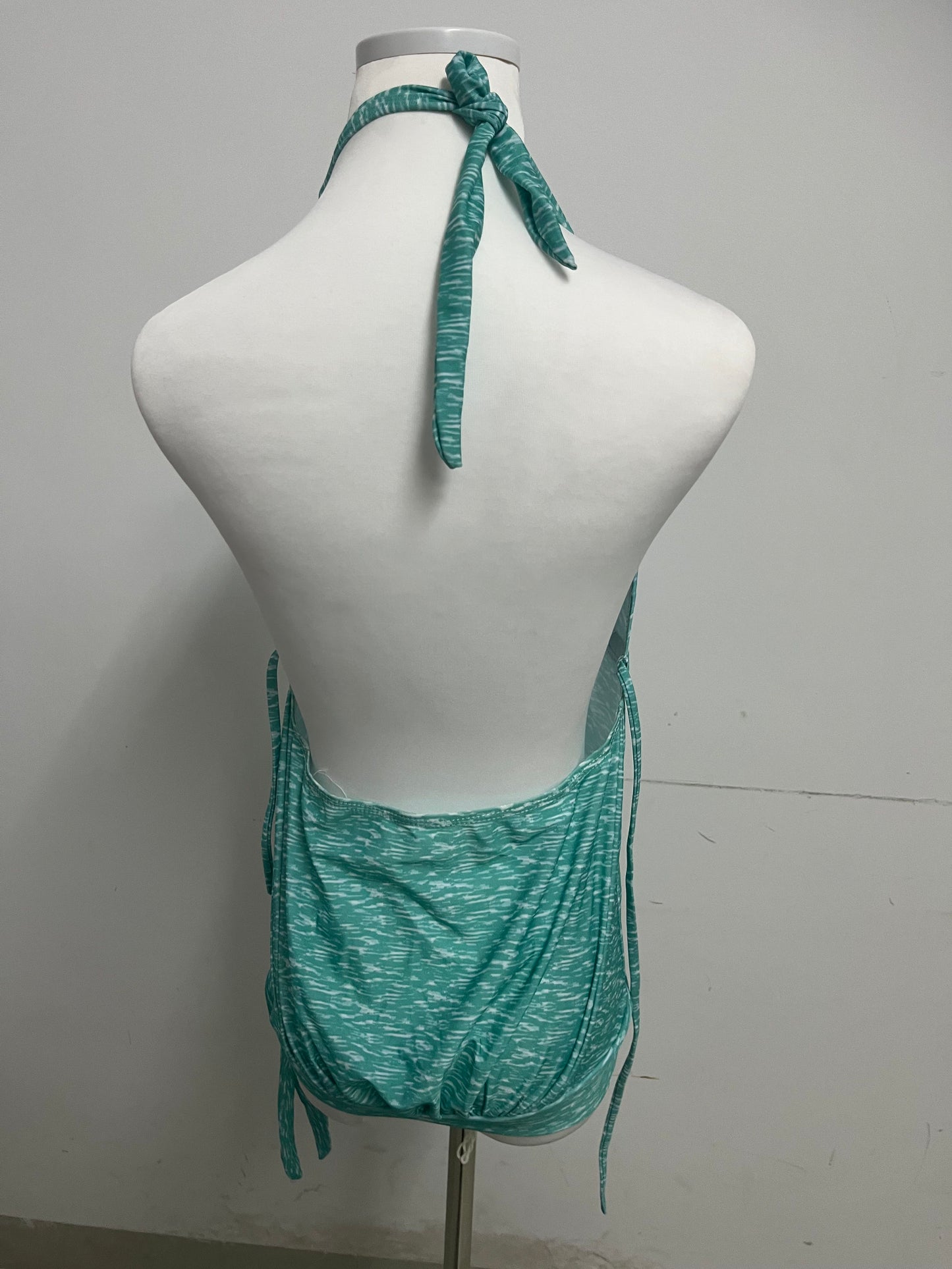 Junglelf Light Green Textured Halter Deep V 100% Cotton Swimsuit for Women, Sexy Open Back with Ties Fashion Swimwear