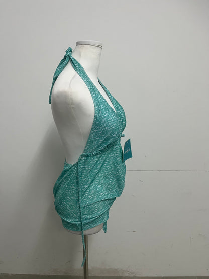 Junglelf Light Green Textured Halter Deep V 100% Cotton Swimsuit for Women, Sexy Open Back with Ties Fashion Swimwear