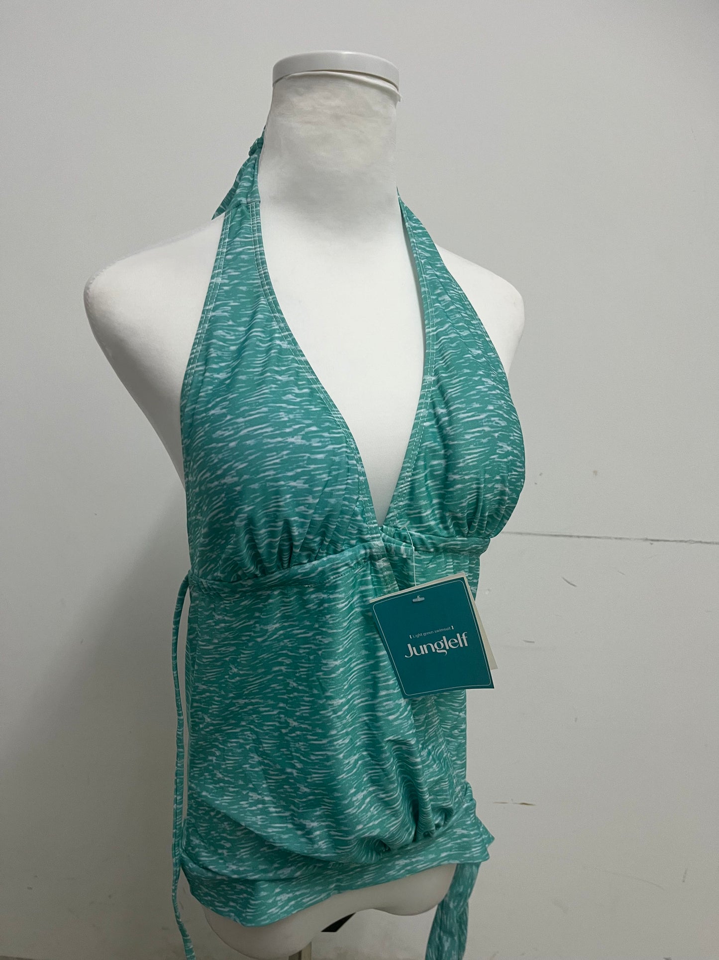 Junglelf Light Green Textured Halter Deep V 100% Cotton Swimsuit for Women, Sexy Open Back with Ties Fashion Swimwear