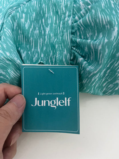 Junglelf Light Green Textured Halter Deep V 100% Cotton Swimsuit for Women, Sexy Open Back with Ties Fashion Swimwear