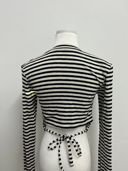 Justiger Black and White Striped Open Back Tie Cropped Long Sleeve Top, Slim Fit Versatile Unique Design Women's Top