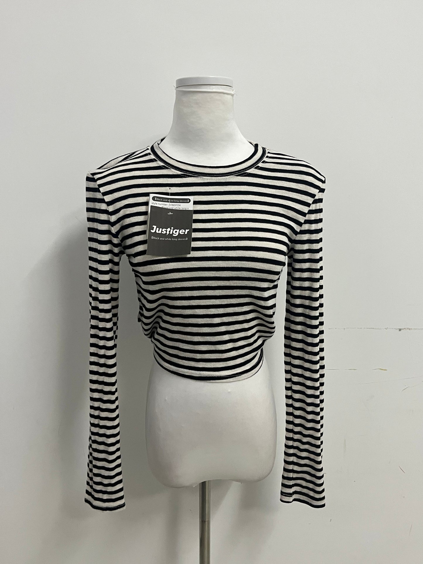 Justiger Black and White Striped Open Back Tie Cropped Long Sleeve Top, Slim Fit Versatile Unique Design Women's Top