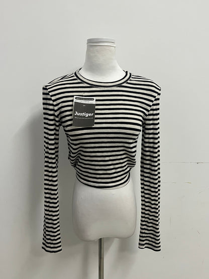 Justiger Black and White Striped Open Back Tie Cropped Long Sleeve Top, Slim Fit Versatile Unique Design Women's Top