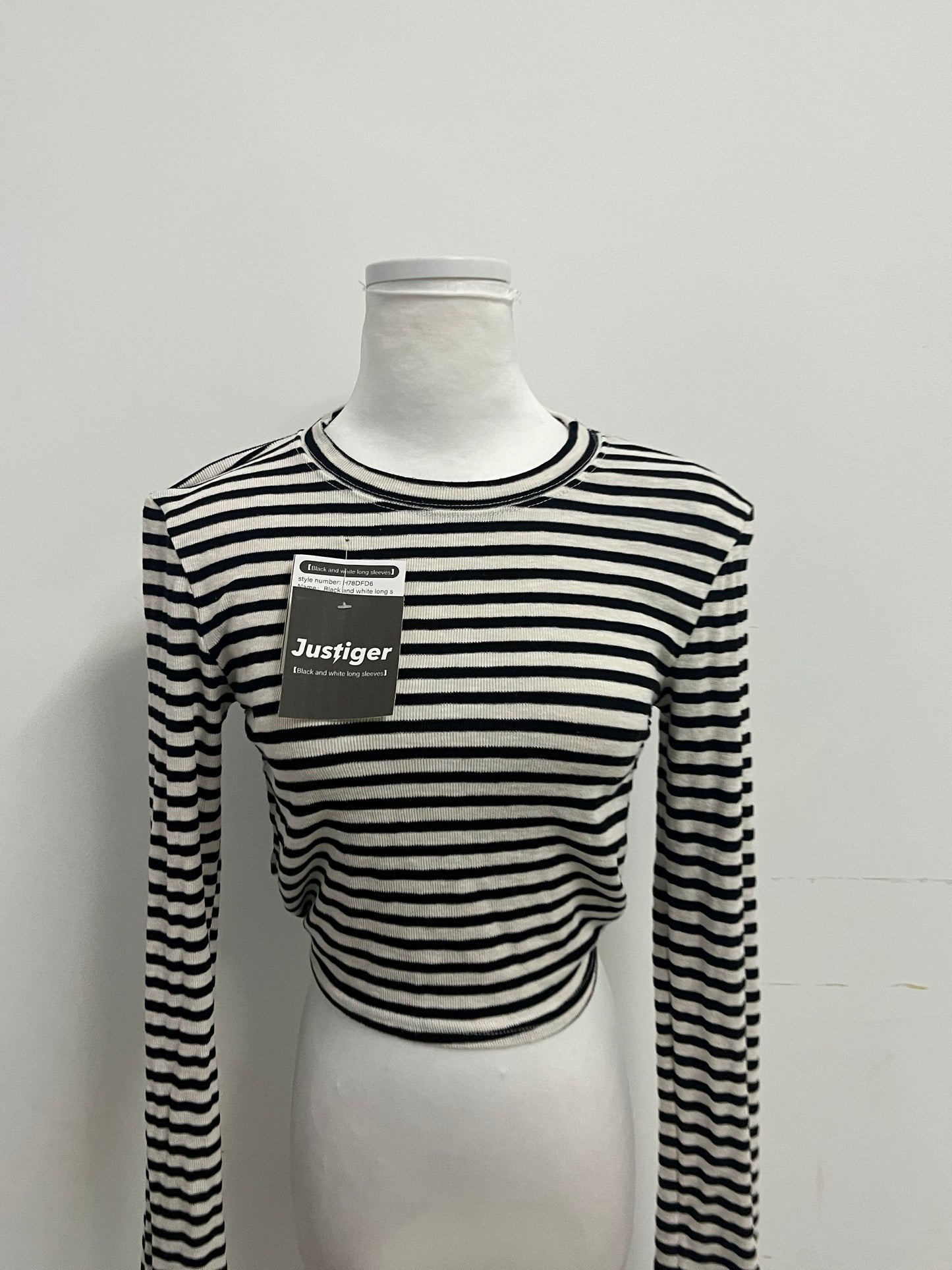 Justiger Black and White Striped Open Back Tie Cropped Long Sleeve Top, Slim Fit Versatile Unique Design Women's Top
