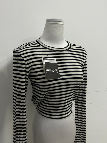 Justiger Black and White Striped Open Back Tie Cropped Long Sleeve Top, Slim Fit Versatile Unique Design Women's Top