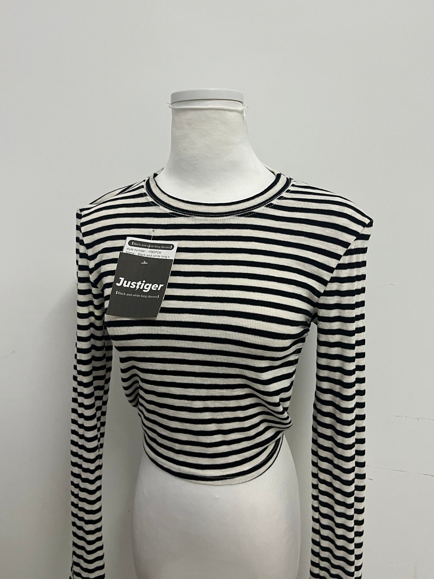 Justiger Black and White Striped Open Back Tie Cropped Long Sleeve Top, Slim Fit Versatile Unique Design Women's Top