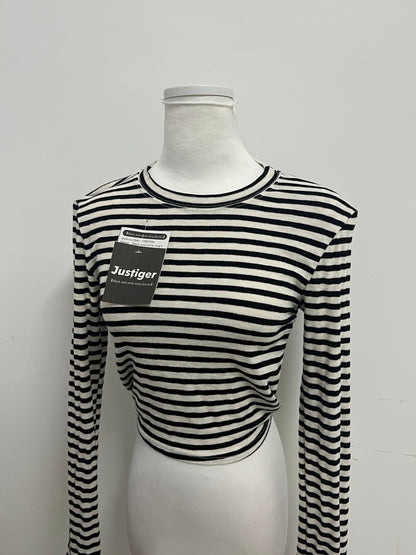 Justiger Black and White Striped Open Back Tie Cropped Long Sleeve Top, Slim Fit Versatile Unique Design Women's Top