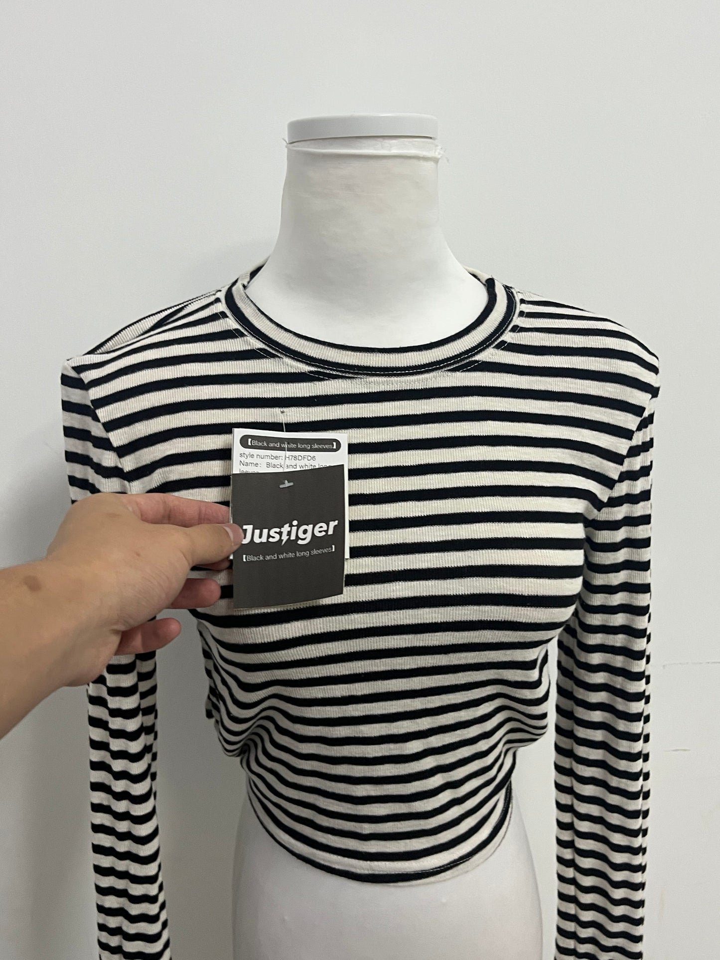 Justiger Black and White Striped Open Back Tie Cropped Long Sleeve Top, Slim Fit Versatile Unique Design Women's Top